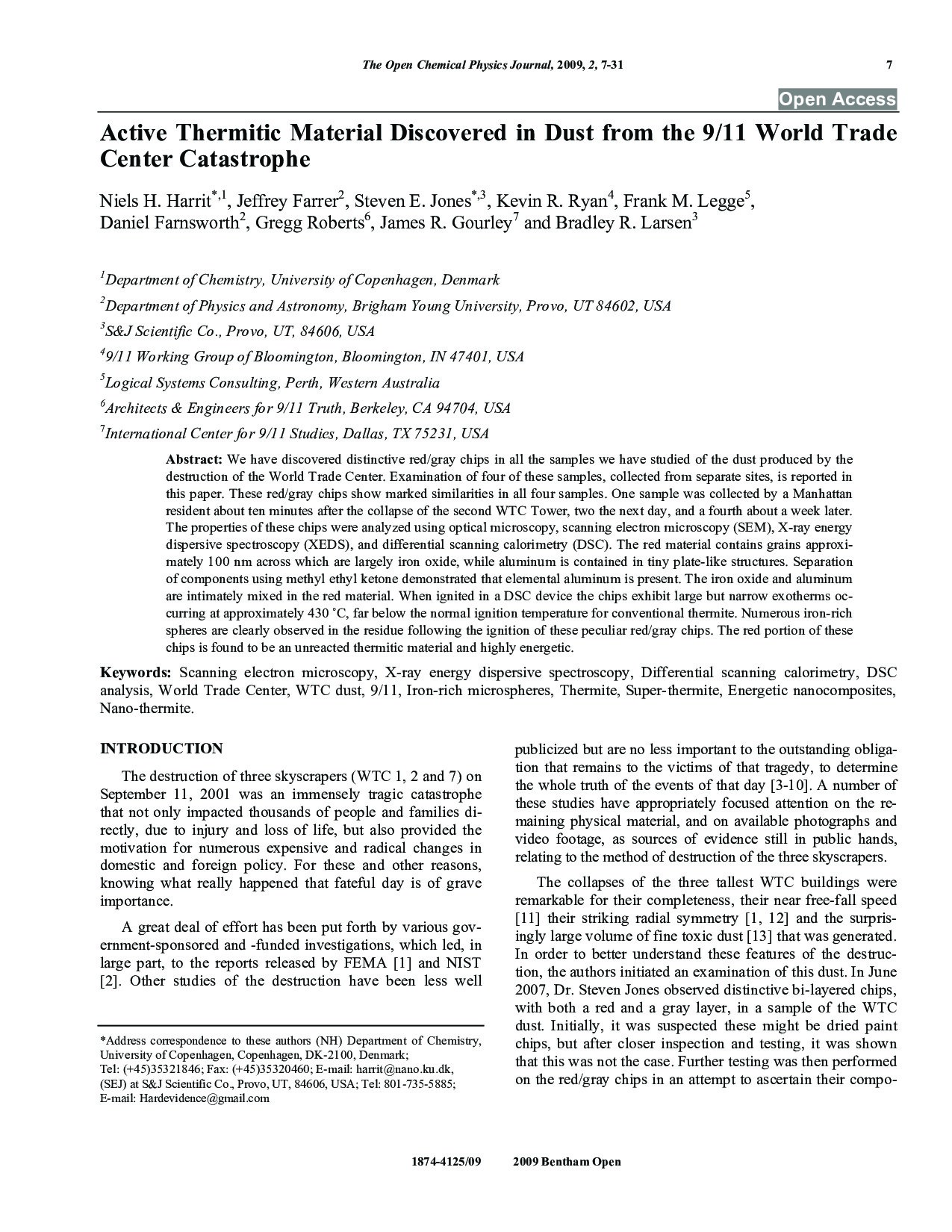 Active Thermitic Material Discovered in Dust from the 9/11 World Trade Center Catastrophe