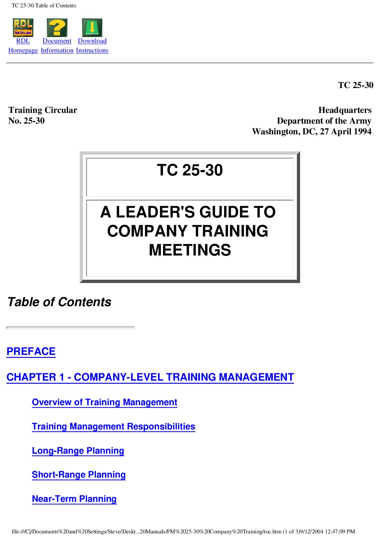 TC 25-30 Table of Contents