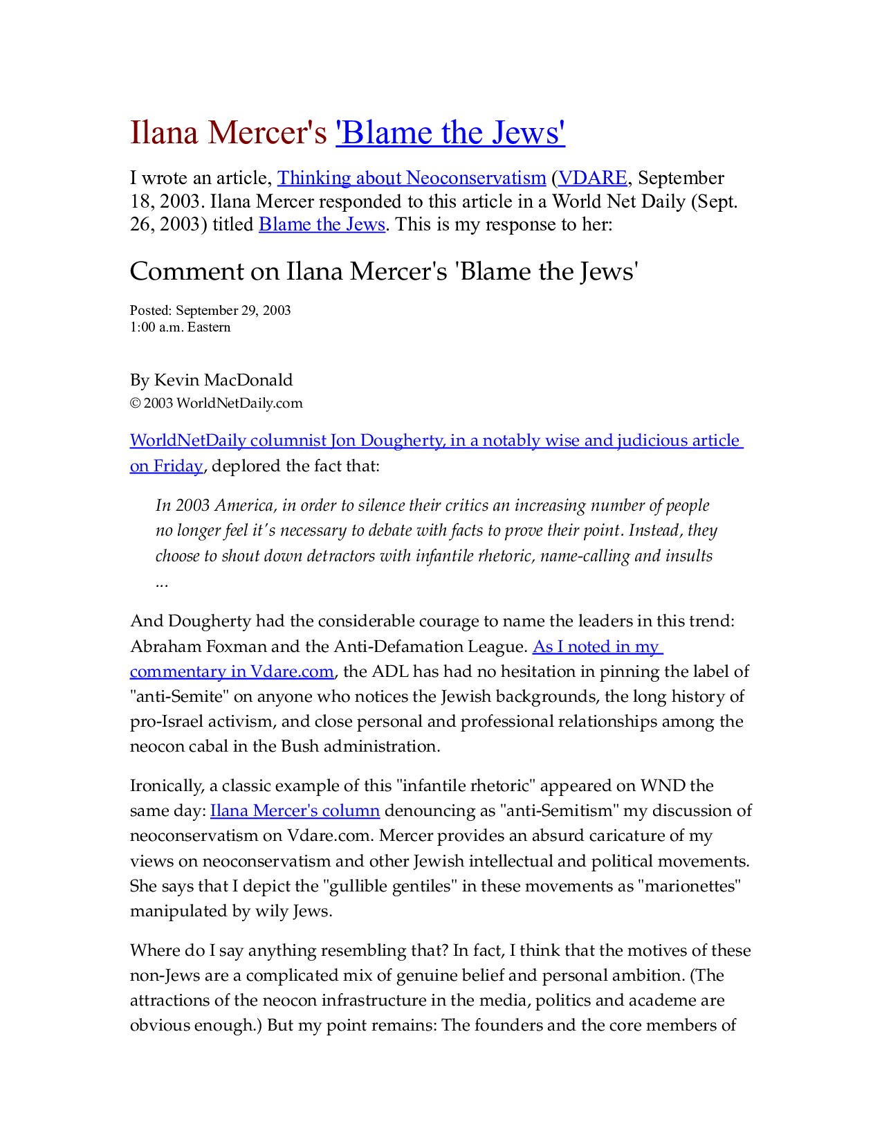 MacDonald, Kevin; Comment On Ilana Mercer's 'Blame The Jews'