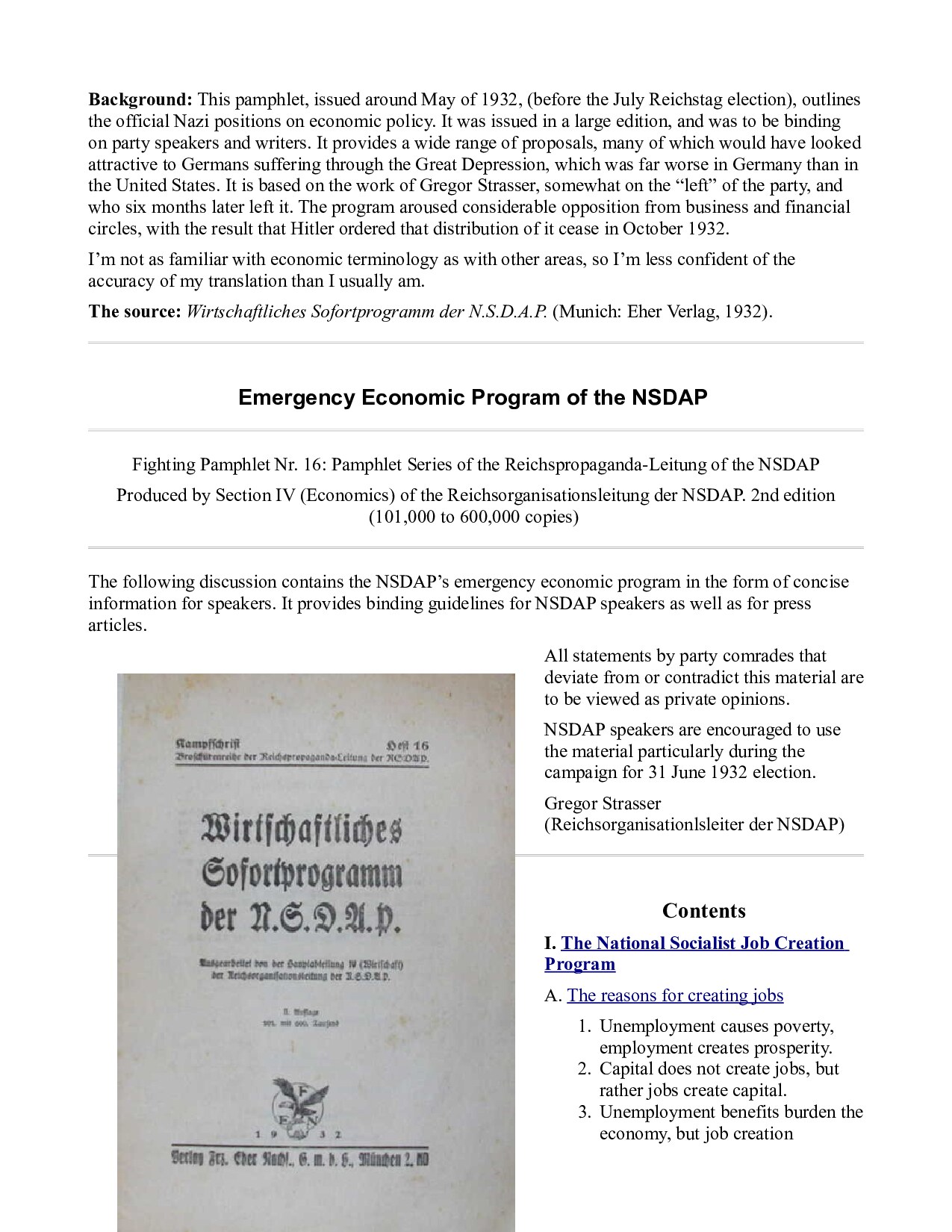 NSDAP; Emergency Economic Program of the NSDAP