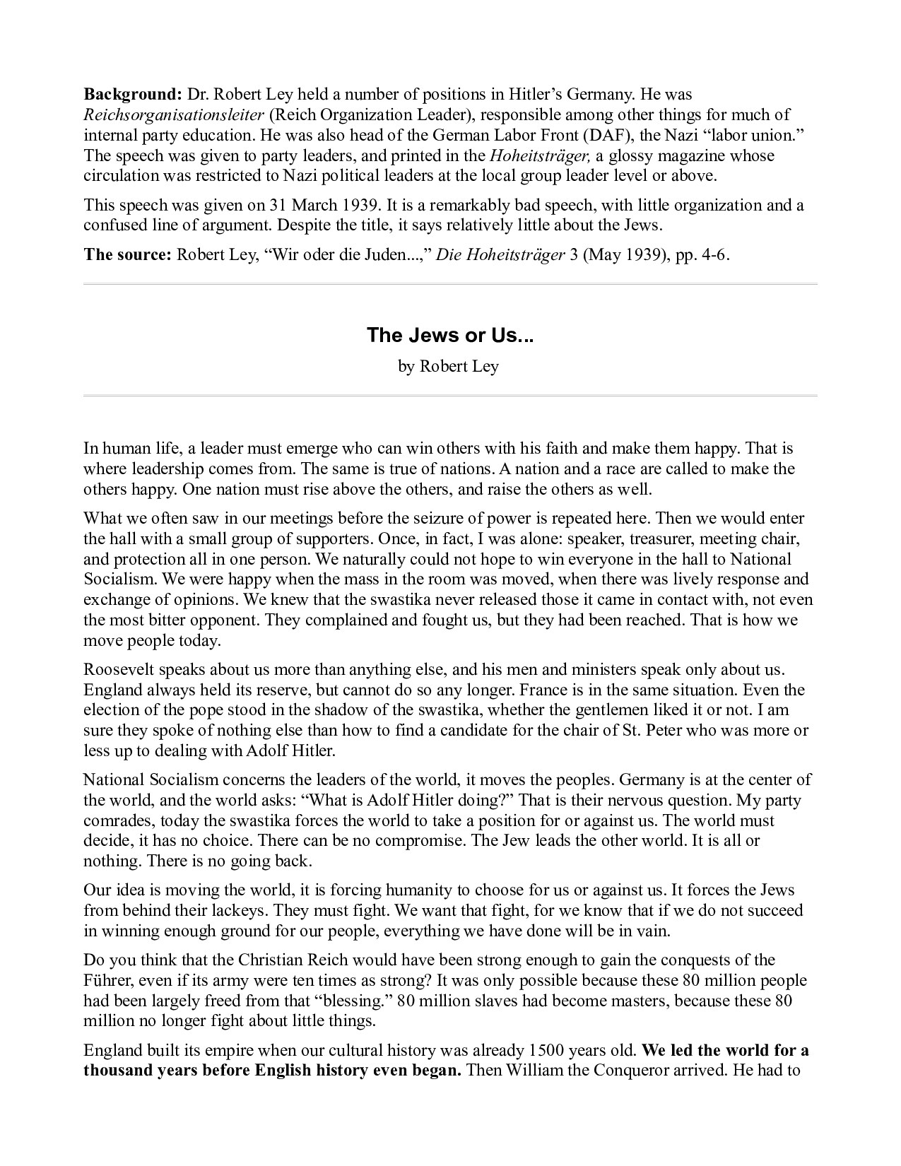 Ley, Robert; The Jews or Us