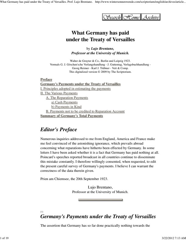 What Germany has paid under the Treaty of Versailles. Prof. Lujo Brentano.
