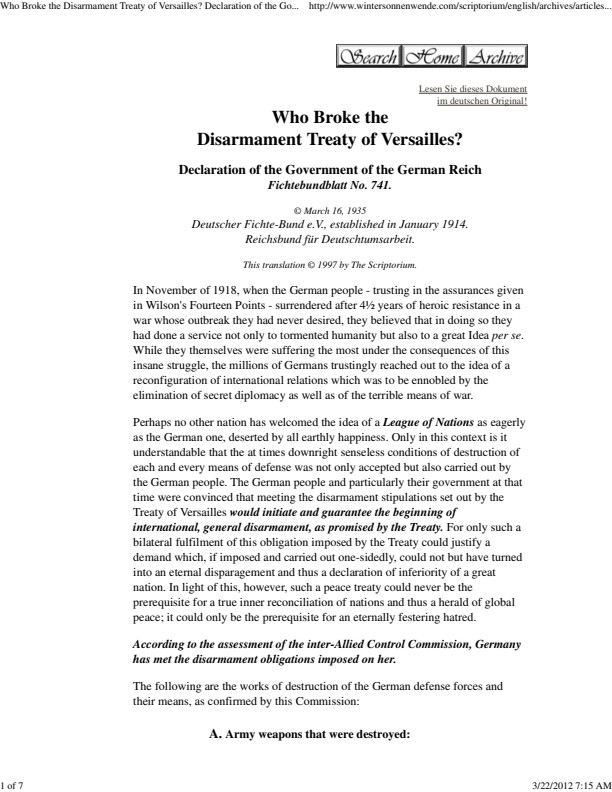 Who Broke the Disarmament Treaty of Versailles? Declaration of the Government of the German Reich. Fichtebundblatt 741.