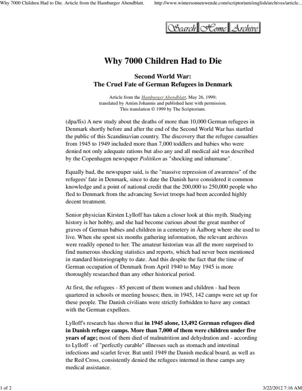Why 7000 Children Had to Die. Article from the Hamburger Abendblatt.