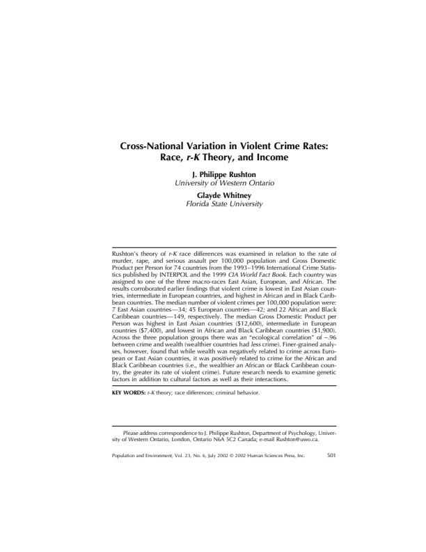 Cross-National Variation In Violent Crime Rates- Race, r-K Theory, and Income