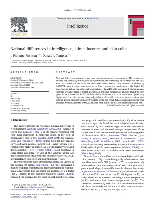 National differences in intelligence, crime, income, and skin color