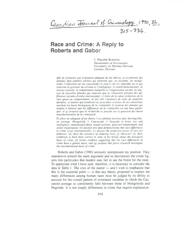 Race and Crime- A Reply to Roberts and Gabor