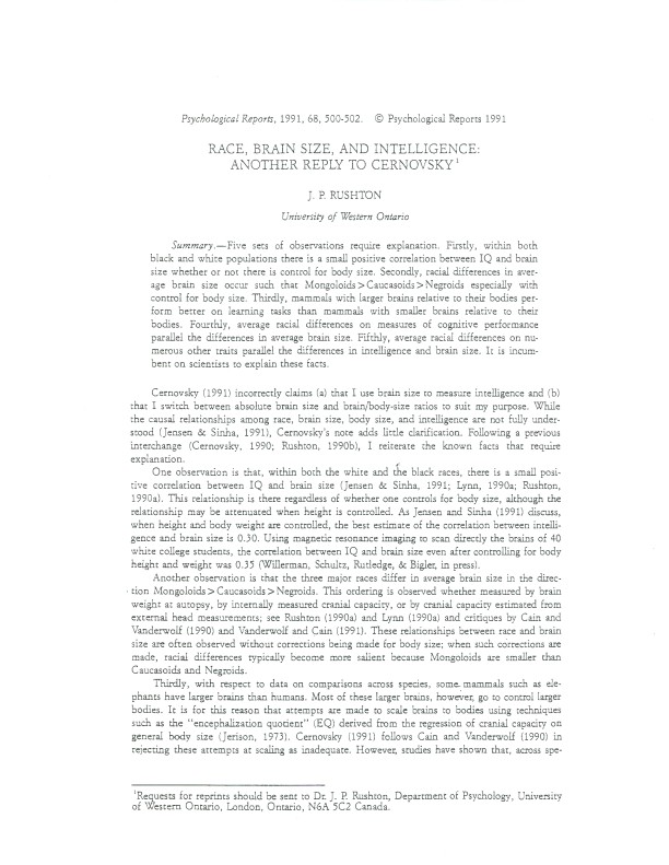 Race, Brain Size and Intelligence- Another Reply to Cernovsky