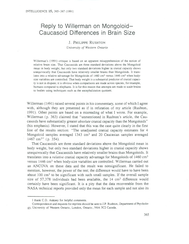 Reply to Willerman on Mongoloid-Caucasoid Differences in Brain Size