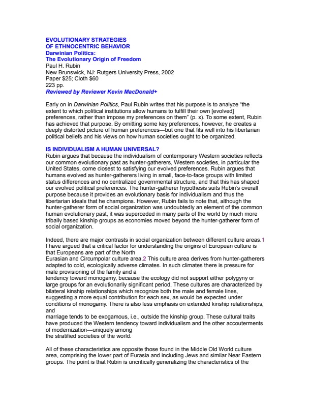 MacDonald, Kevin; Evolutionary Strategies Of Ethnocentric Behavior (Review)