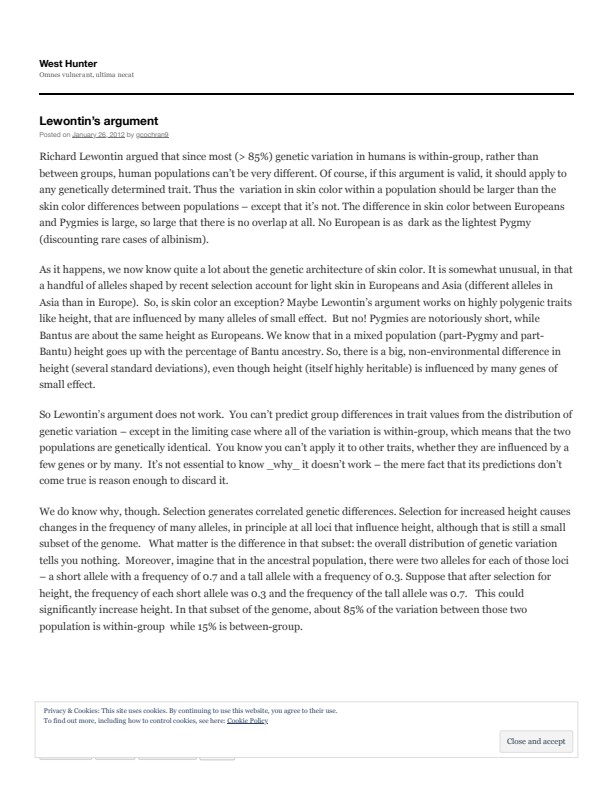West Hunter - Lewontin’s argument